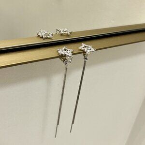 Sparkling Stones Shooting Star Silver Chain Dangle Clip On Earrings